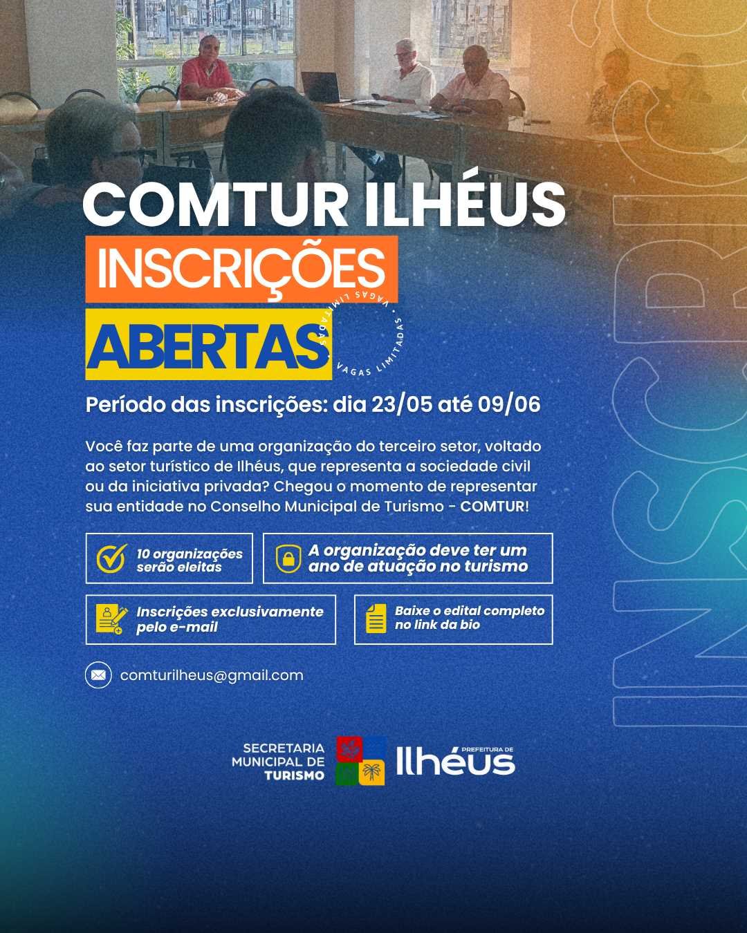 Ilhéus abre inscrições para organizações participarem do Conselho Municipal de Turismo.