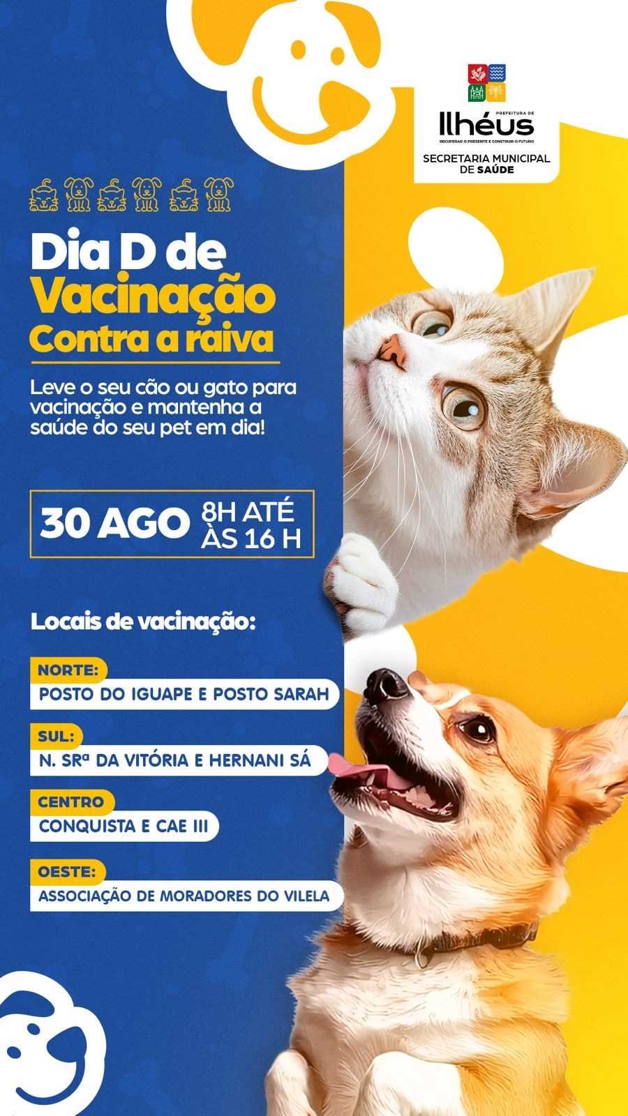 Campanha de vacinação antirrábica em Ilhéus segue até sábado (30), com Dia D na zona urbana.