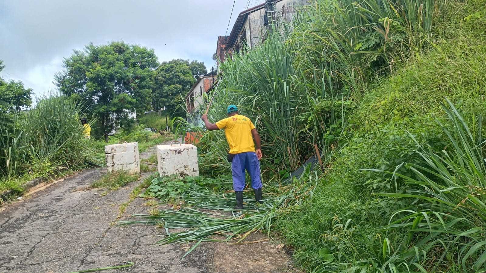 Prefeitura de Ilhéus realiza capinagem na Ladeira do Alto da Tapera.