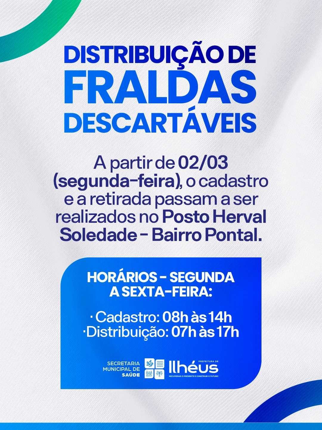 Prefeitura de Ilhéus informa novo local para cadastro e distribuição de fraldas descartáveis.