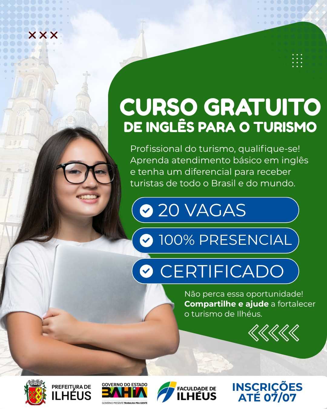 Prefeitura de Ilhéus abre inscrições para curso gratuito de inglês voltado ao atendimento ao turista.