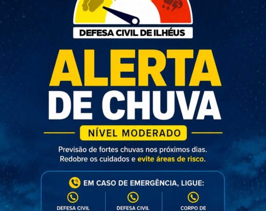 Ilhéus emite alerta para fortes chuvas nos próximos três dias.