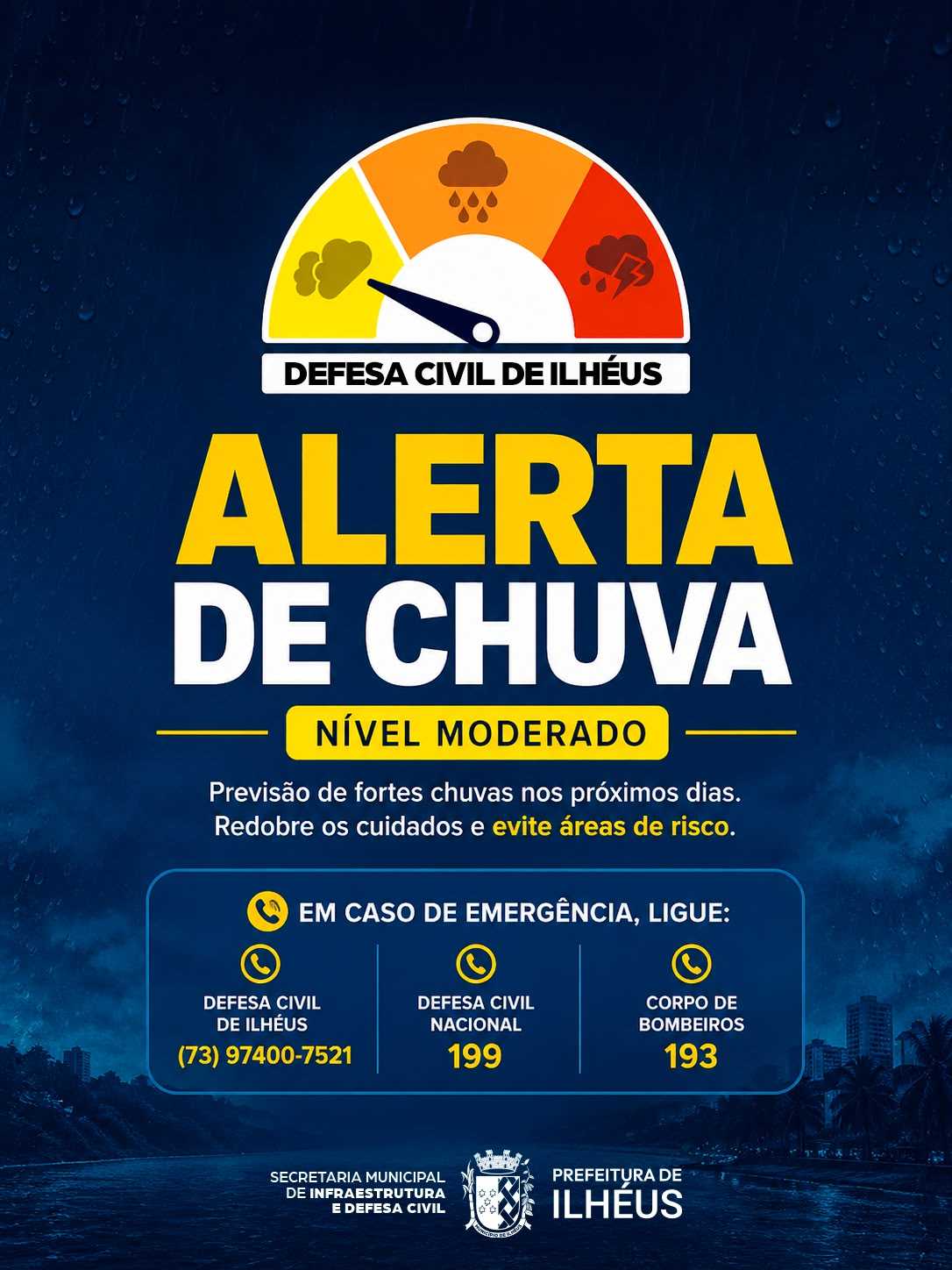 Ilhéus emite alerta para fortes chuvas nos próximos três dias.
